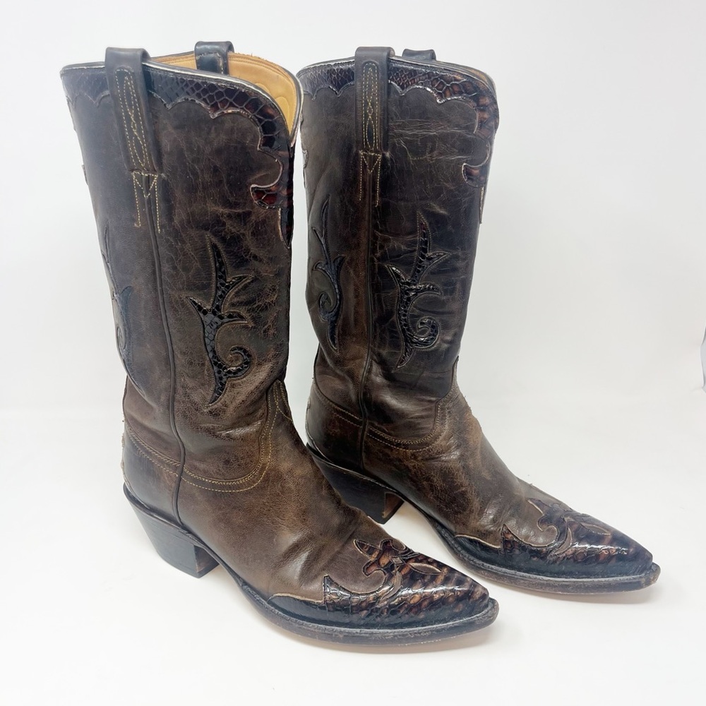 Lucchese Classics Handmade Brown Exotic Leather Overlay Cowboy Boots